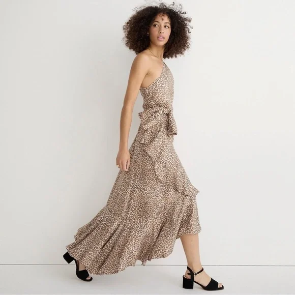 NWT J. Crew Collection Leopard Print One-Shoulder Ruffle Hem Midi A-Line Dress - Picture 1 of 17